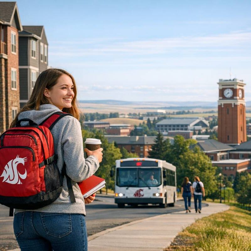 Student walking to campus from Cougar Ridge, apartments near Washington State University