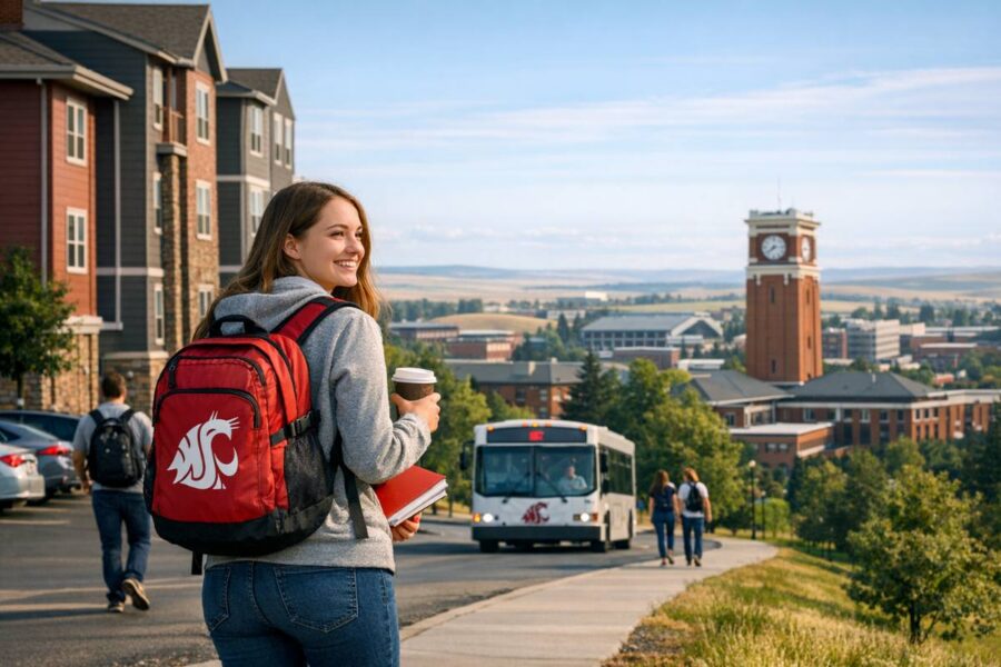 Student walking to campus from Cougar Ridge, apartments near Washington State University